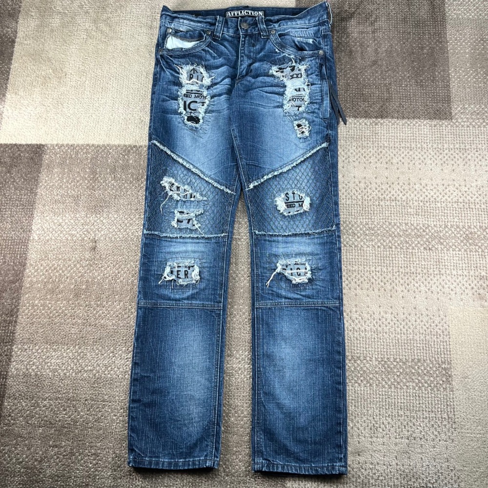 Rare Affliction Gage Mens 31 Distressed Patchwork Blue Denim Moto Jeans